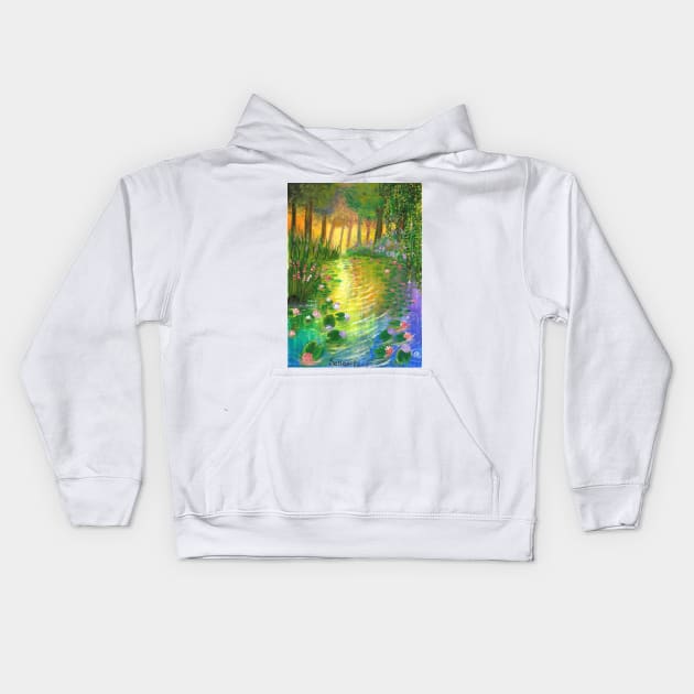sunset on the pond of lotus and lily relaxing scenery acrylic painting Kids Hoodie by Sangeetacs